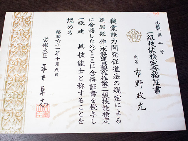 一級技能検定合格証書